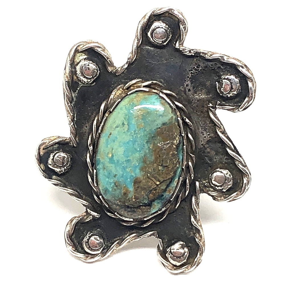VTG Navajo Turquoise Ring Sz 6.5 Groovy MCM Atomic 1960s Sterling Native Amer